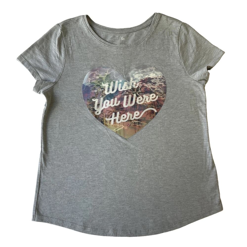 SO Girls Shirt XL (14/16) Gray Graphic Tee Logo Crew Neck Pullover Short Sleeve